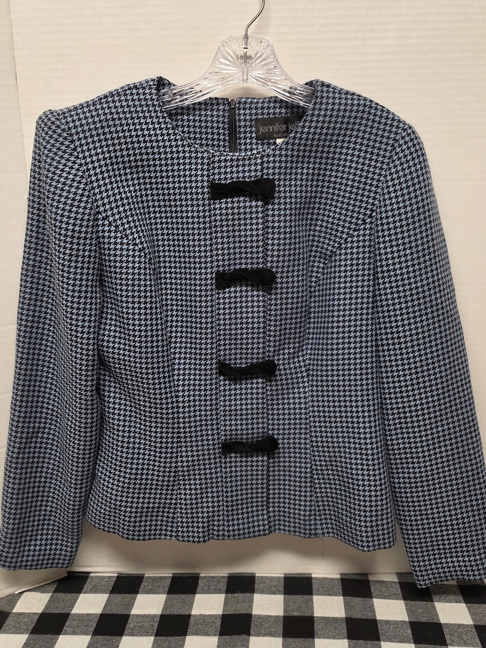 Blue Houndstooth Bouclé Bow-Front Jacket